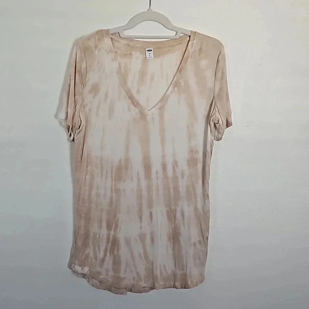 Old Navy Luxe V-Neck Tie Dye T-Shirt Neutral Shibori Tan Cream S Tall